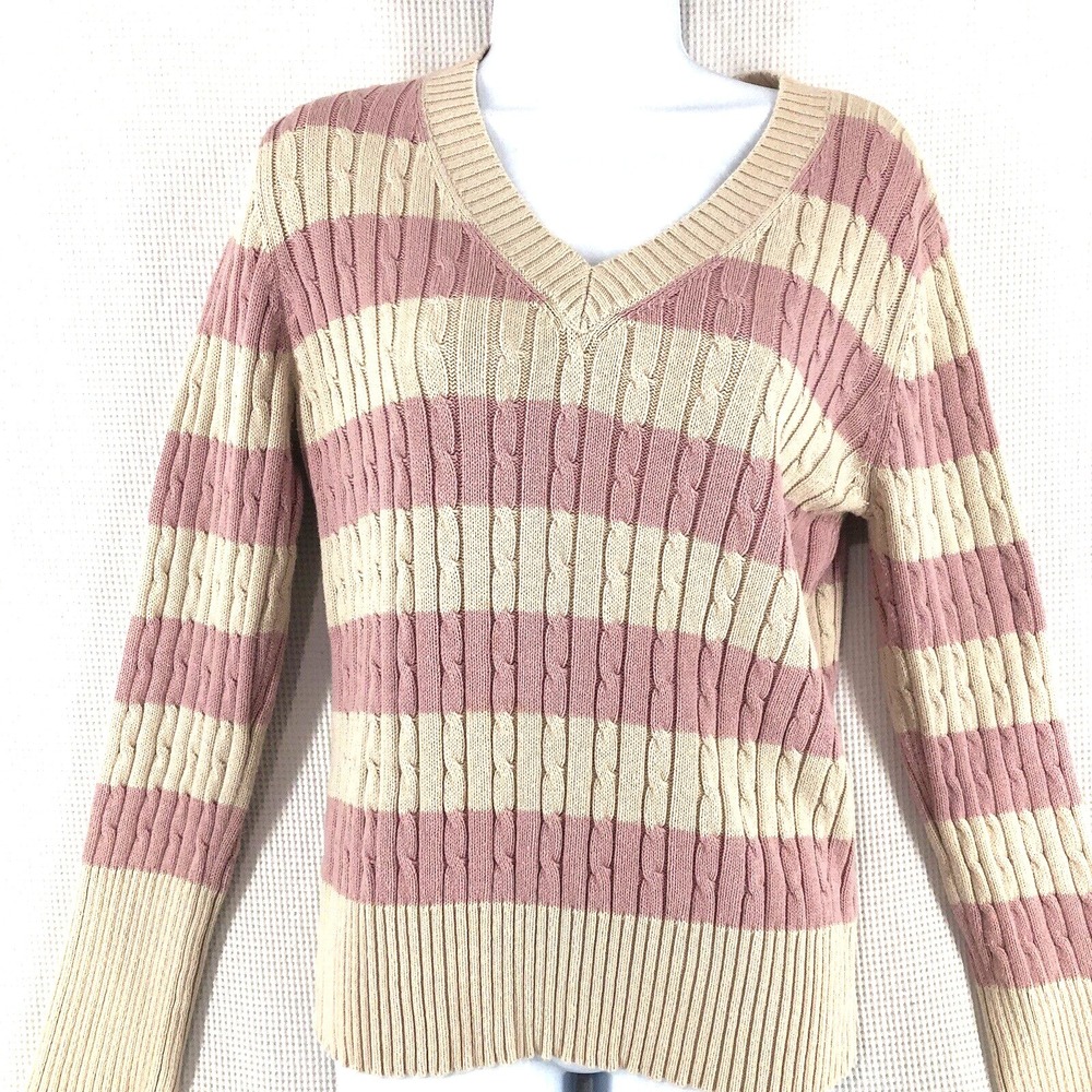 Liz and Co argyle sweater women's XL pink striped V-neck‎ Vtg Y2K